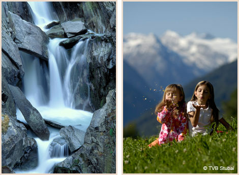 Gewässer und Kinder mit Gletscherblick im Stubai in Tirol
